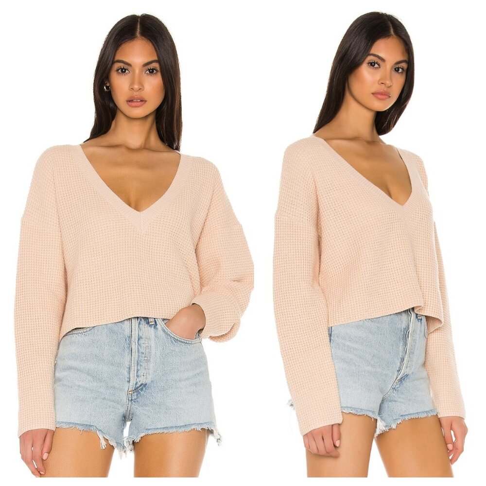 Revolve Superdown Marlene Nude Beige Waffle Knit V Neck Cropped Sweater